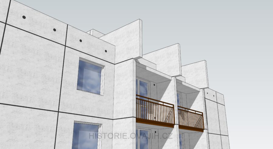 Přesahující panely ukončující sloupce lodžií na štítech